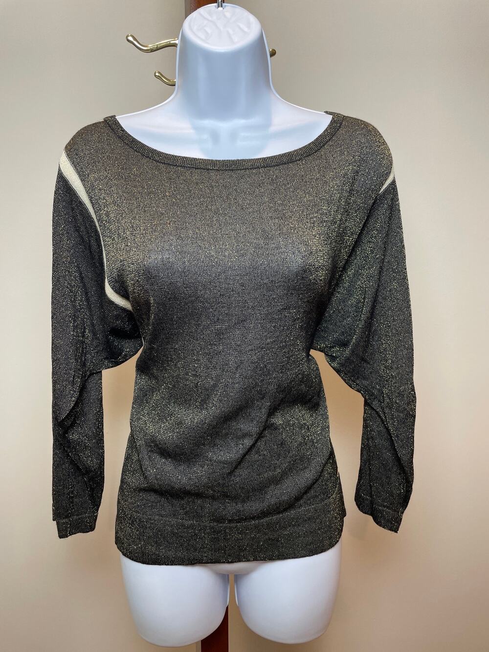 Bebe Metallic Raglan Sleeve Sweater Size M Olive Green Cream
